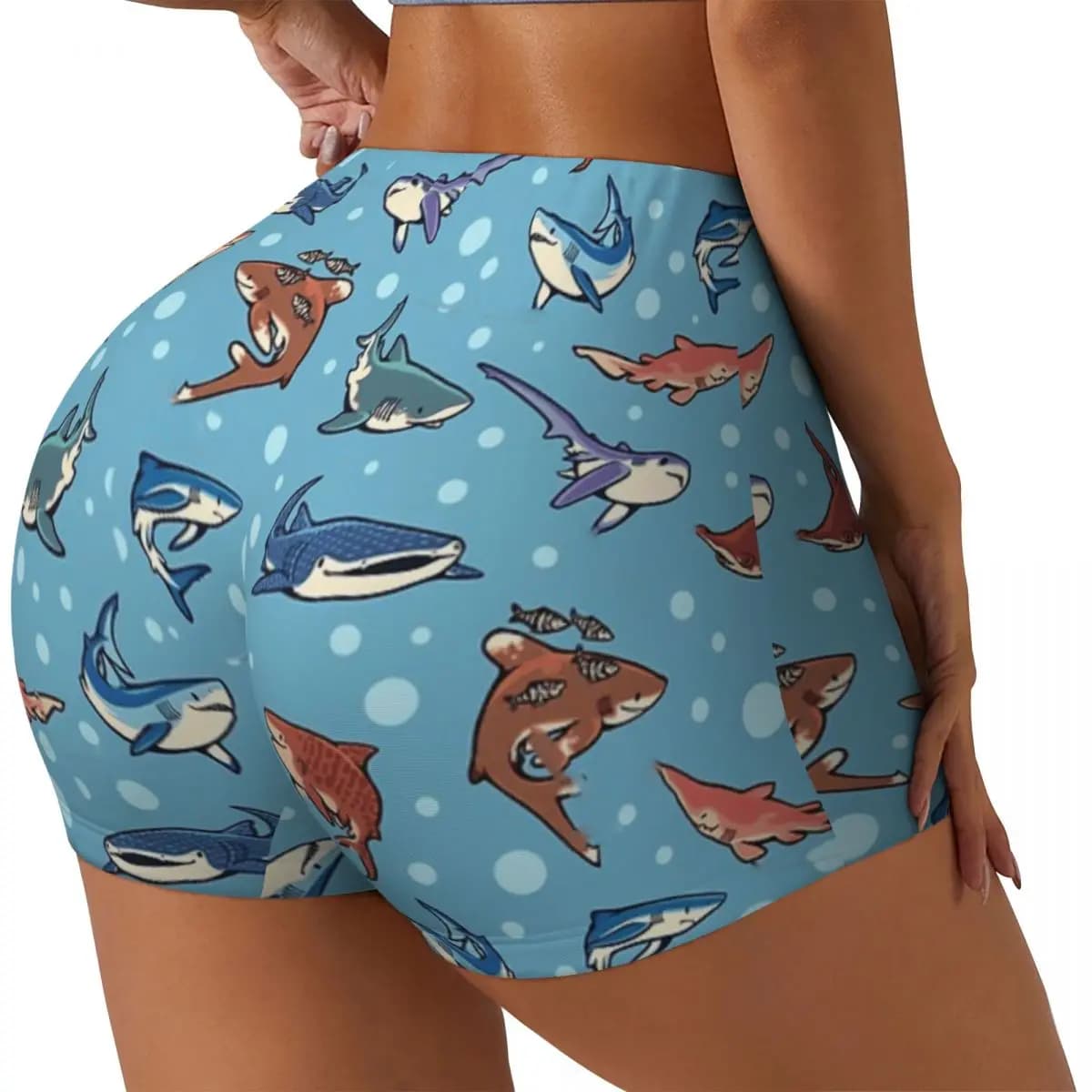 Customized Sharks in Blue Running Shorts for Gym Training Women's Gym Yoga Shorts for Athletic Volleyball Bikers