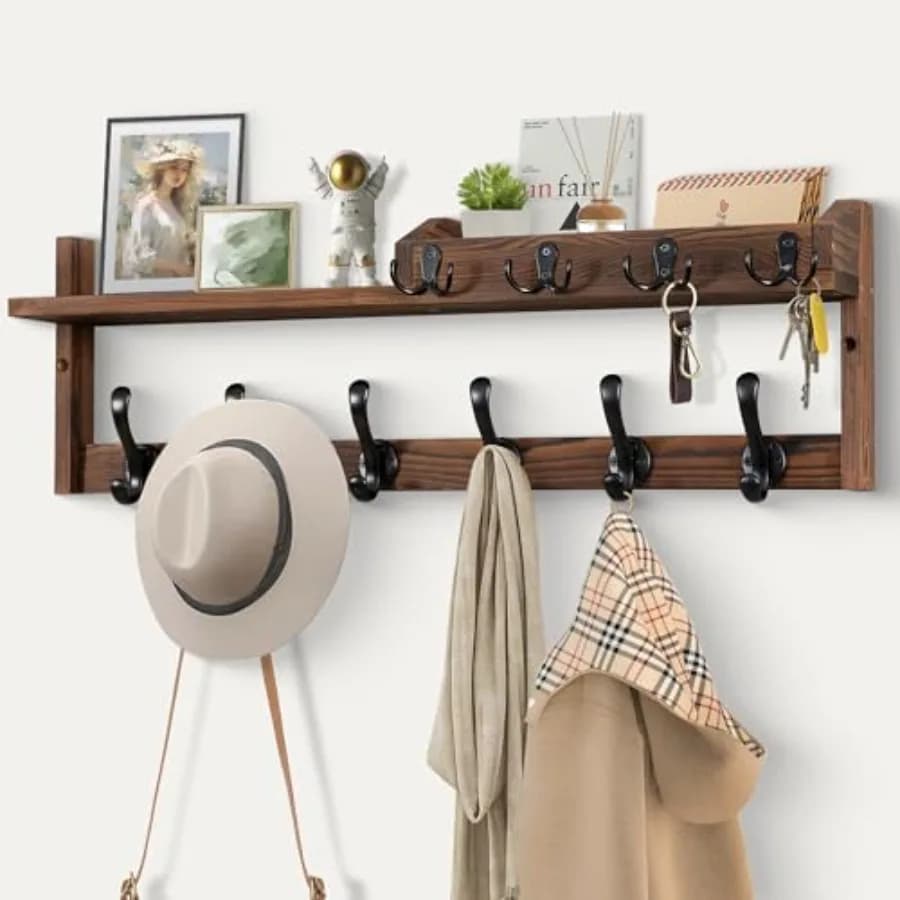 Wall hanger with shelf 27.5''' - Input organizer with 10 Double hooks for Coats, Keys and Posts