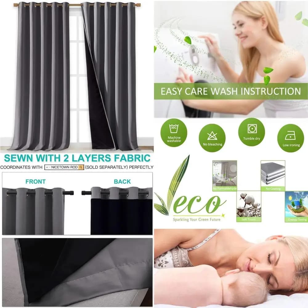 Grey insulated thermal curtains for large sliding doors, set of 2, 70x108 inch, ideal for laundry and bedrooms