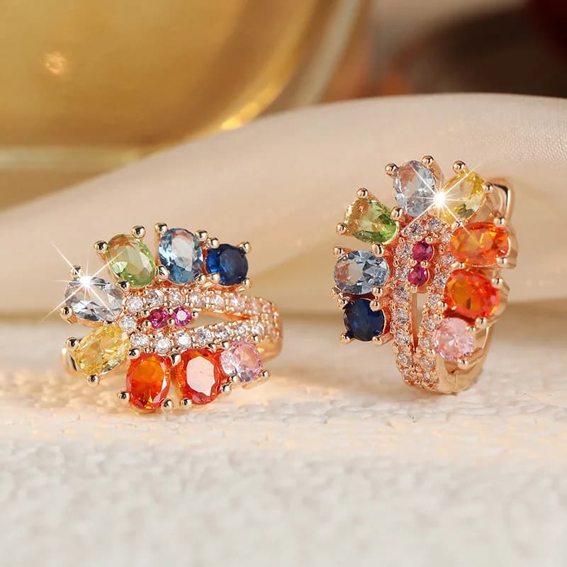 Luxury Sparkling Multicolor Synthetic Zirconia Floral Hoop Earrings Women's Trendy Delicate Banquet Celebration Charming Jewelry
