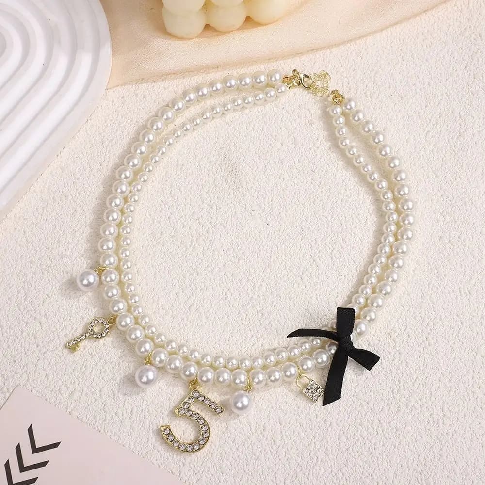 Handmade White Pearl Necklaces Imitation Pearl Key Lock Charms Collarbone Chain Necklace Double Layer Crystal Pendant