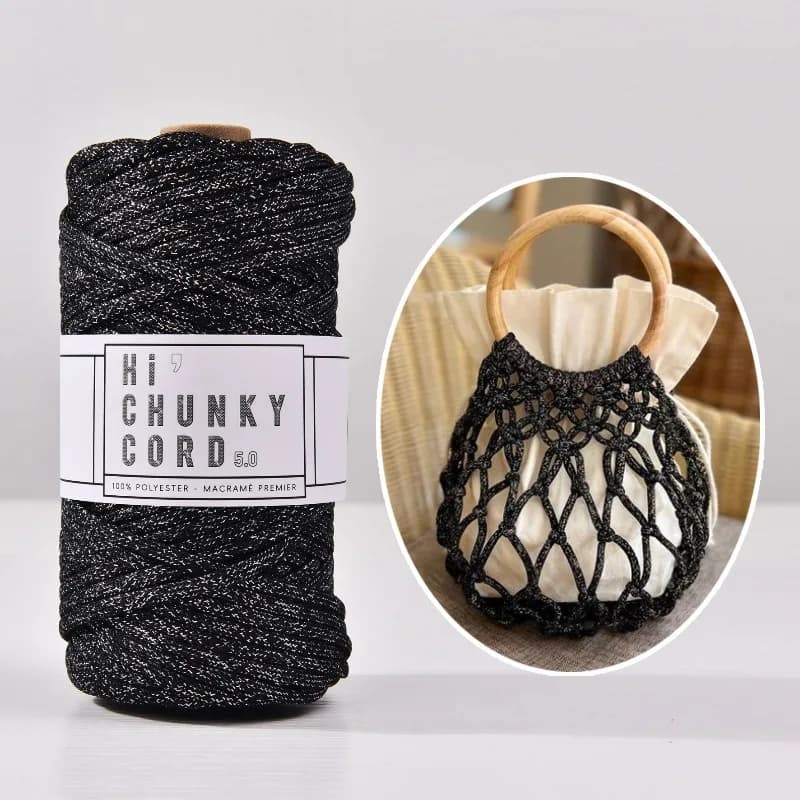50Meter Silver Shimmering 5mm Polyester Macrame Rope Spool Shiny Glittered Rope for DIY Knitting Crochet Bag Making Handmade