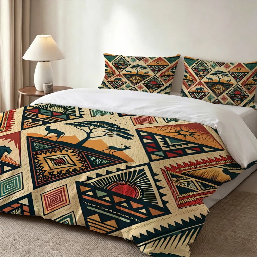 Set di biancheria da letto stampata digitalmente ad alta definizione con motivi geometrici di animali e piante in stile africano, set copripiumino con stampa floreale grande, include 1 copripiumino + 2 federe, adatto per camera da letto, camera degli ospiti, decorazione domestica, set copripiumino + federe in fibra di poliestere, set tre pezzi, biancheria da letto ultra morbida, tessuto spesso, adatto a tutte le stagioni, lavabile in lavatrice, 3 pezzi
