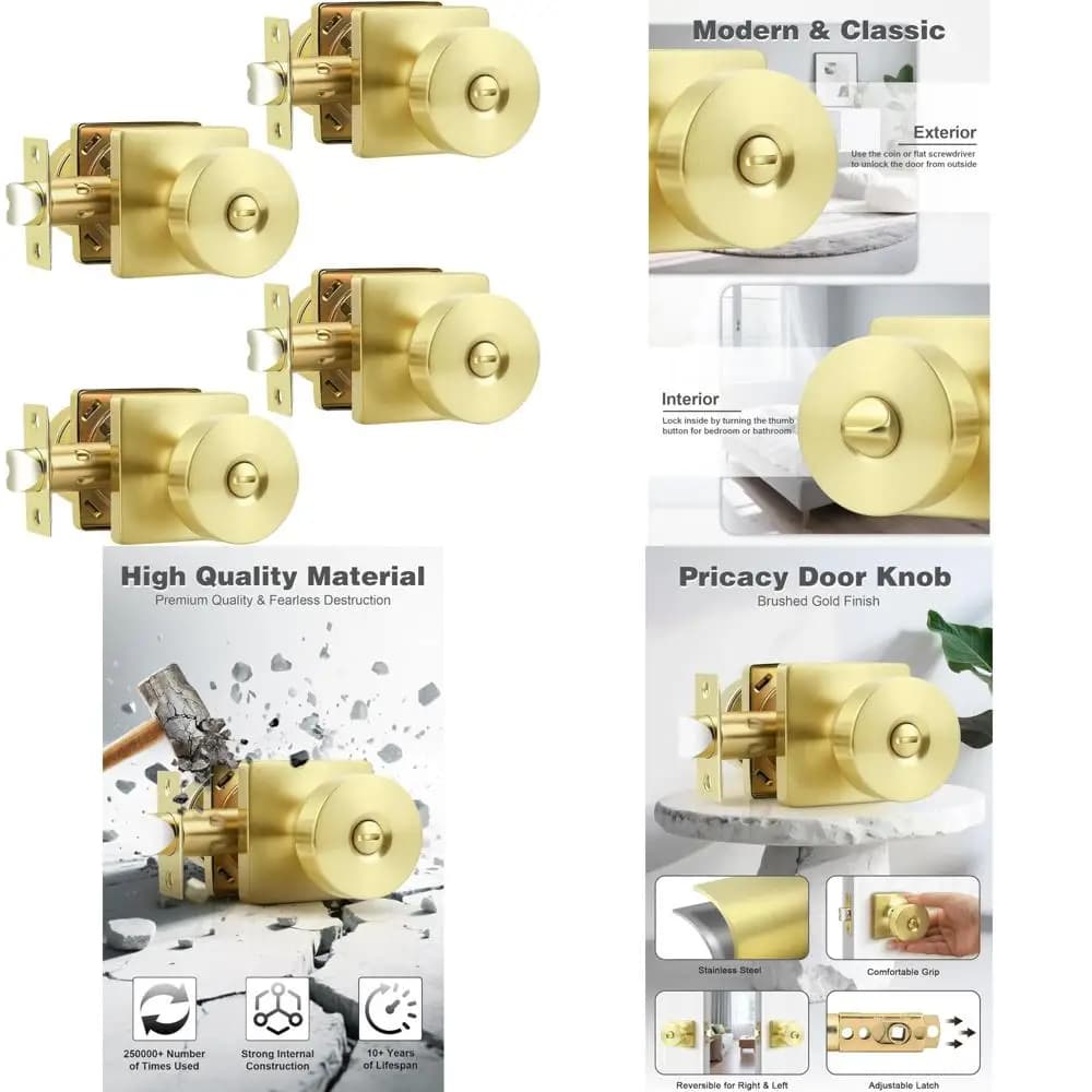 Maniglie per porte interne senza chiave, pomelli per porte privacy da 4 pezzi, base quadrata classica per camera da letto e bagno, ingresso sicuro senza chiave