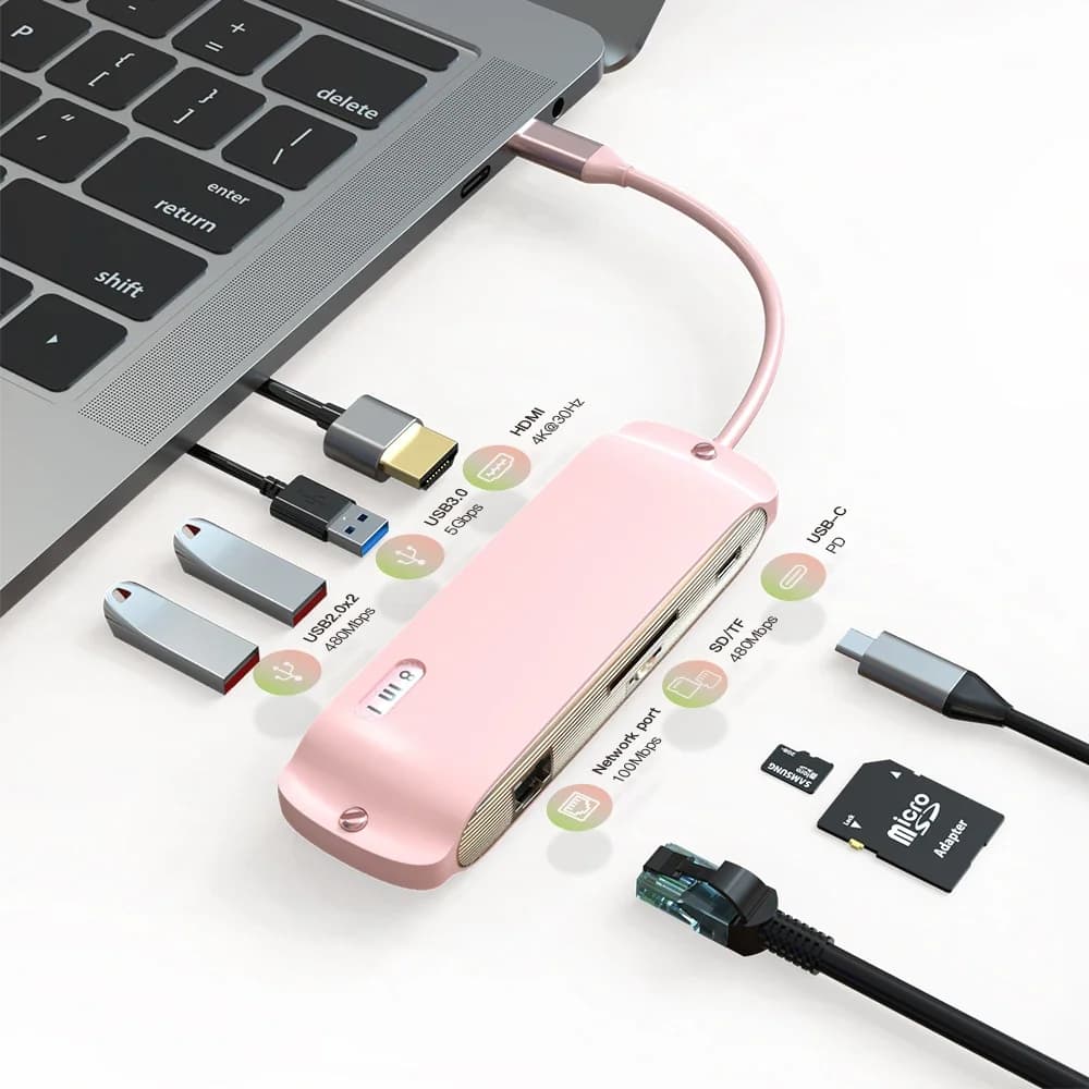 Adattatore HUB USB C 8in1 con 4K 30HZ typec a HDMI compatibile RJ45 SD/TF 100W PD USB Splitter per MacBook Air M1 M2 HUB portatile