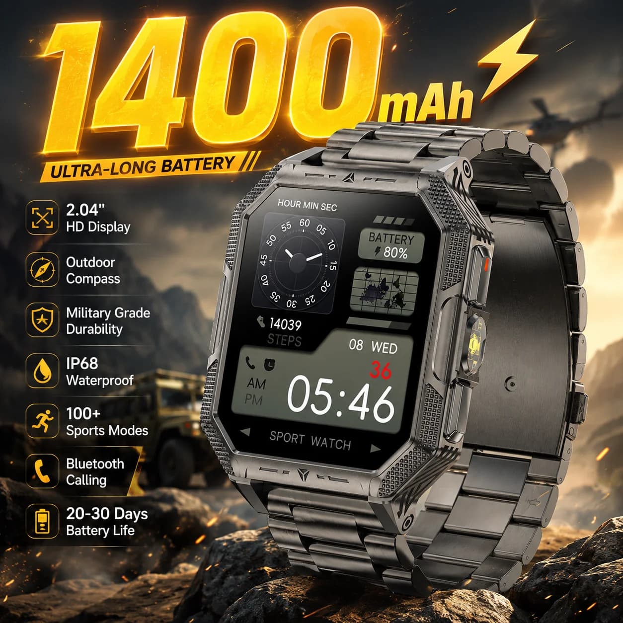 LIGE New 1400mAh Military Smart Watch 2.04" HD Screen 5ATM Waterproof Clock Wireless Call Flashlight Smartwatch For Android iOS