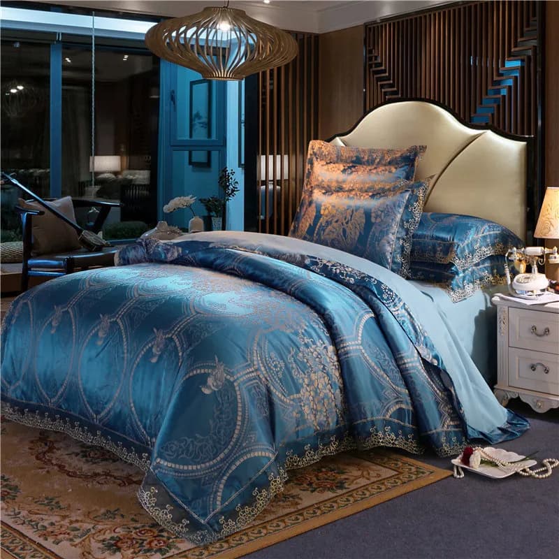 Set di biancheria da letto di lusso europeo in jacquard, raso, tencel e modal, copripiumino 4 pezzi con finiture in pizzo, lenzuolo e federe, misure King e Queen.