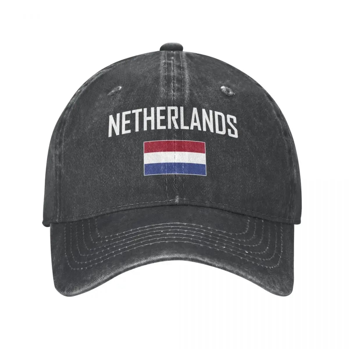 Men Baseball Cap NETHERLANDS Holland Flag And Font Charcoal Washed Denim Classic Vintage Cotton Dad Trucker Hat Unisex Adult