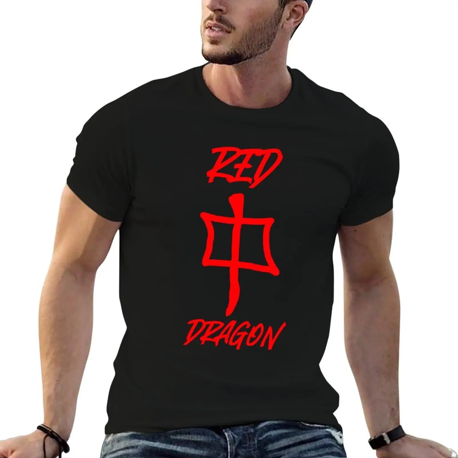 T-shirt con simbolo Red Dragon Mah-jong, t-shirt da uomo in cotone, t-shirt anime stampata per uomo