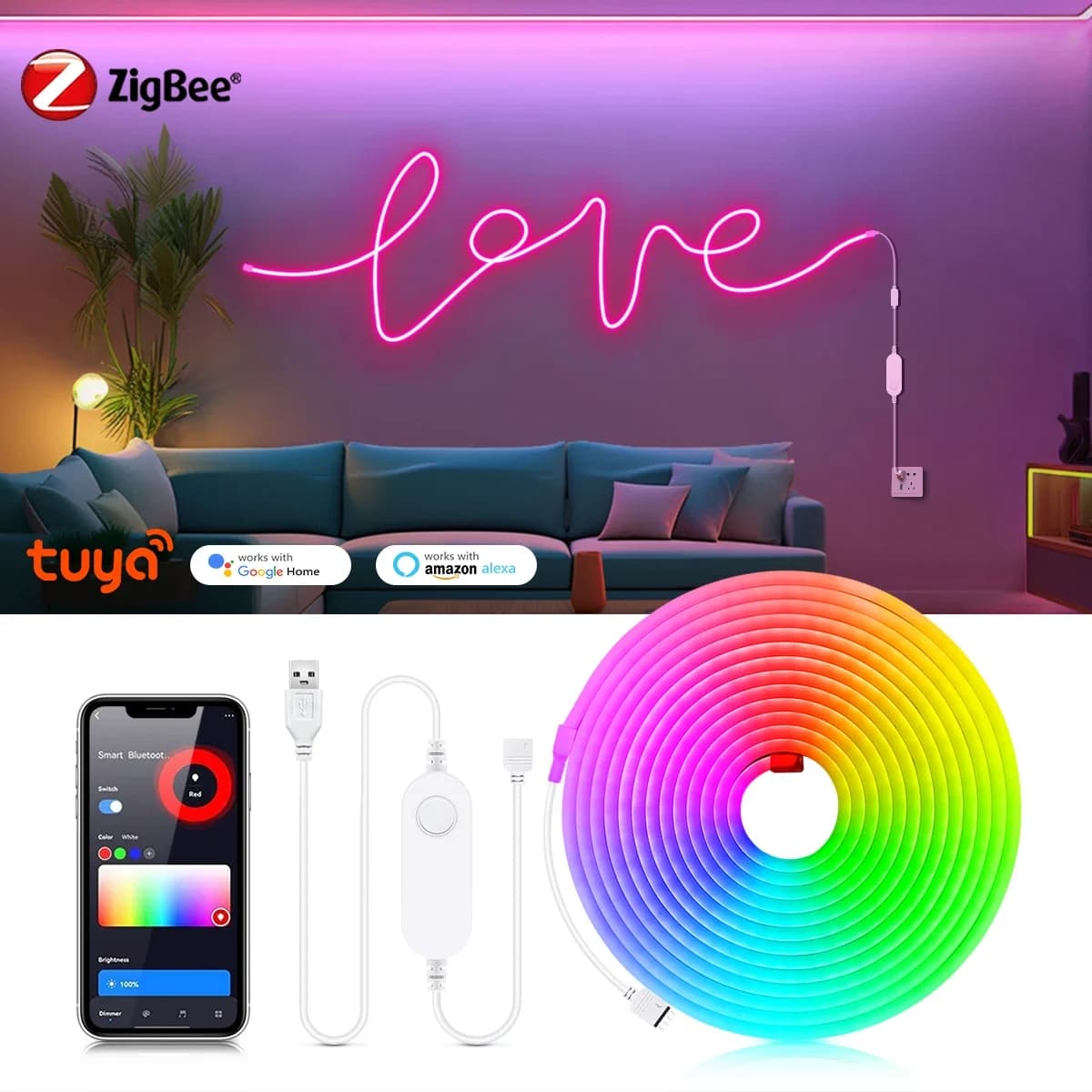 Tuya Zigbee USB LED Strip Light Flessibile RGB/Bianco/Caldo Neon Light Tape Smart TV LED Retroilluminazione 5V per Gateway Bridge SmartThings
