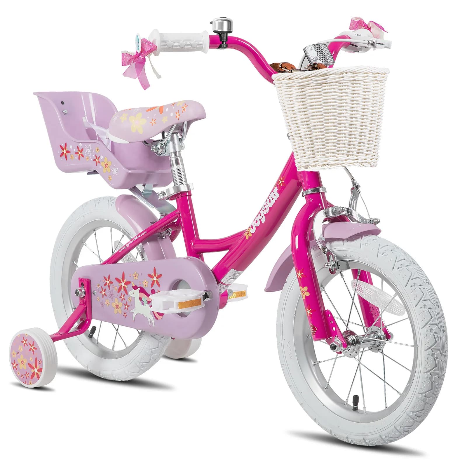 JOYSTAR Children's bike for girls aged 2 to 9 years, 12 14 16 18 inches Children's bike with training wheels, doll seat, stars spinning, basket, fuchsia