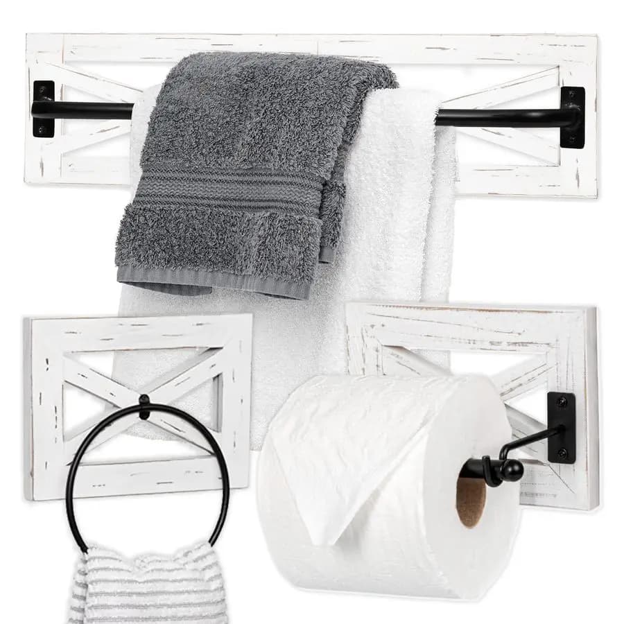 Portasciugamani rustico Set porta carta igienica con portasciugamani per bagno Portaoggetti da parete Amp in legno bianco Barra metallica nera, Farmhou