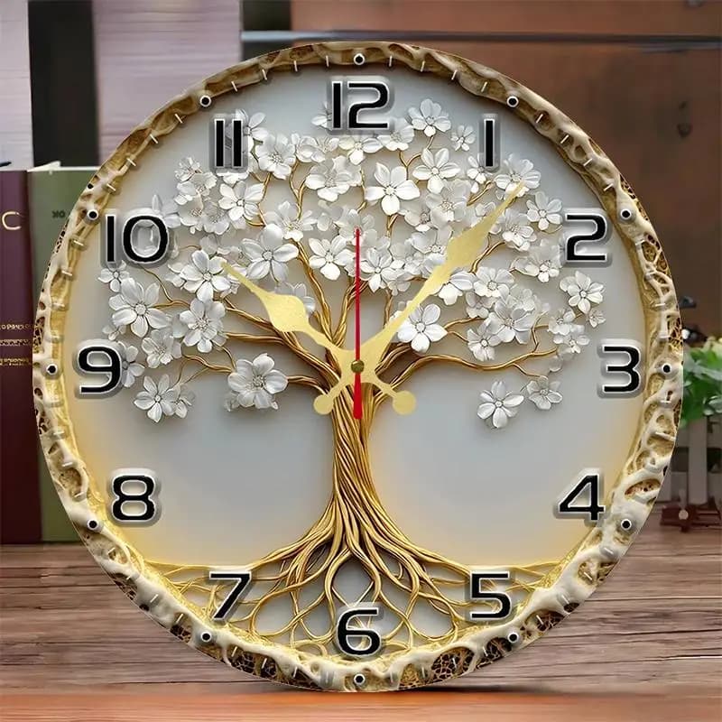 DIY 2D Flat White Flowers Tree Wooden Round Silent Hanging Wall Clock, Suitable For Living Room, Office, Study Room, Bedroom,Home