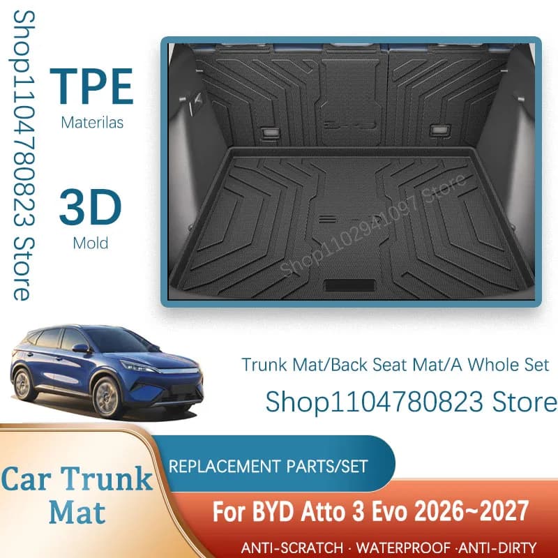 Tappetini per bagagliaio auto impermeabili per BYD Atto 3 EVO 2026 2027 Yuan Plus, tappetini di protezione per vano di carico posteriore, coprisedili posteriori, accessori auto