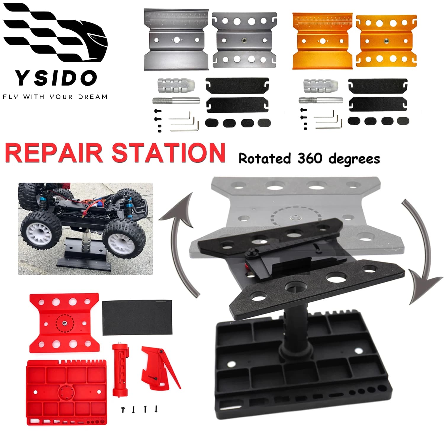 Piattaforma di Assemblaggio e Riparazione per Auto RC YSIDO 1/8 1/10 1/12 1/14 1/16, Altezza Regolabile 360° ° Rotatore per RC Crawler TRX4M
