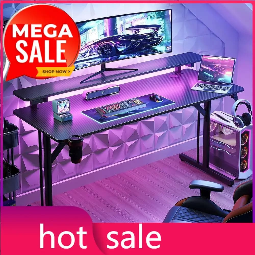 Tavolo da Gaming Illuminato a LED da 47 Pollici con Supporto per Monitor, Scrivania con Finitura in Fibra di Carbonio per Bambini e Adulti - Articolo di Tendenza e Bestseller