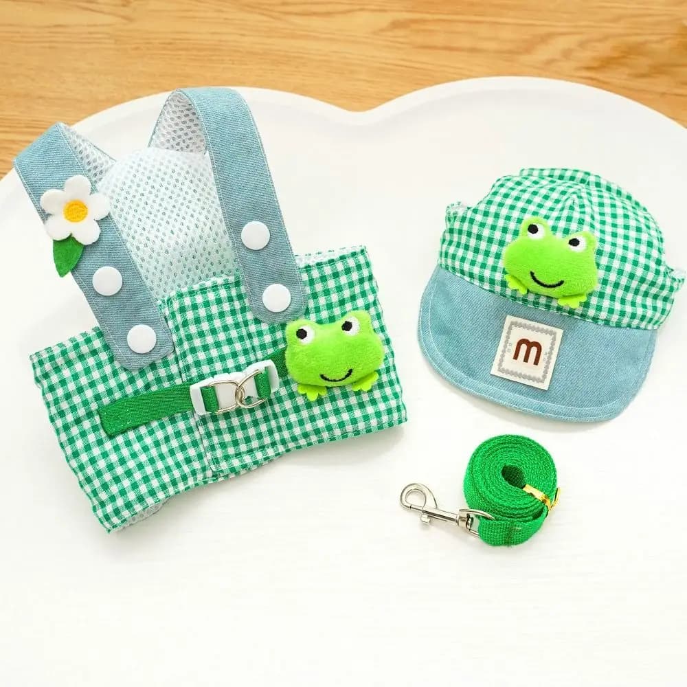Set 3 Pezzi: Guinzaglio per Cani in Tessuto Traspirante, Design Anatra e Rana, con Cappello Carino, Abbigliamento per Cuccioli e Pettorina per Gatti da Passeggio