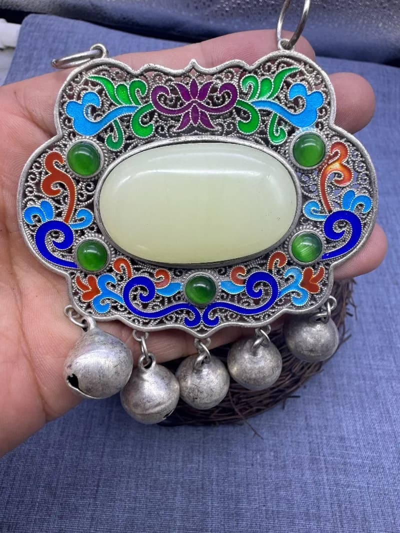 Qianlong Style Antique Copper Lock Pendant, Qipao Lapel Ornament With White Green Beads Bells Chinese Curio Collectible Jewelry