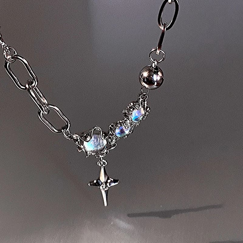 Collana con Ciondolo a Croce e Stella in Pietra di Luna JWER Trendy Bling per Donna, Collana Punk Hip Hop con Stella e Cristalli, Gioielli Y2K per Feste, Regalo