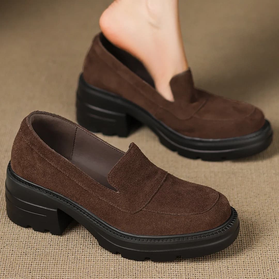 Women's brief-on moccasins in natural suede with round toe and plateau with 6 cm thick heel, casual female daily moccasins for women