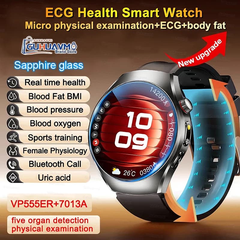 2026New Smart Watch ECG + PPG Gestione della salute Ossigeno nel sangue Acido urico Orologio per la pressione sanguigna per uomo Donna Zaffiro Smartwatch