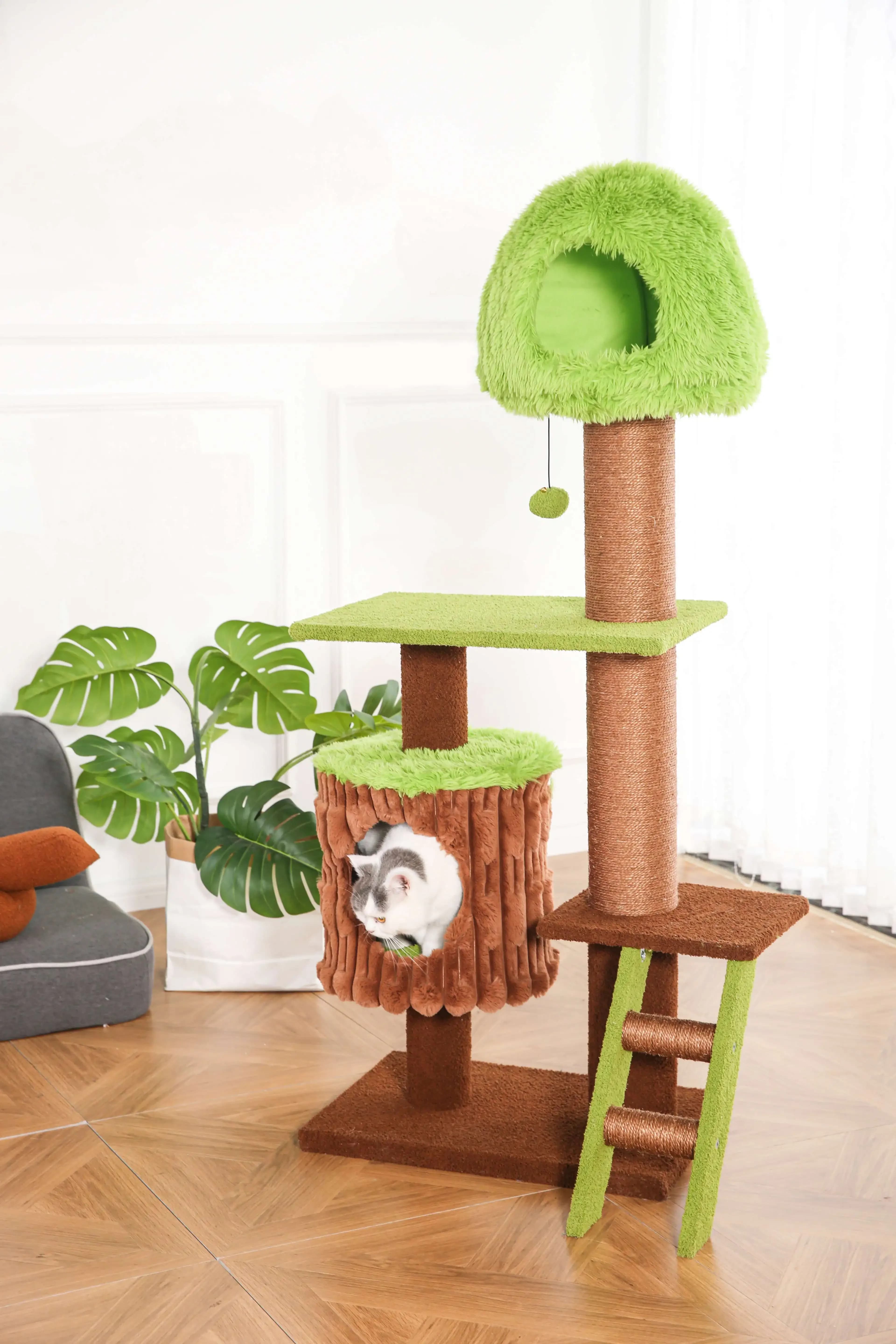 OEM Albero per Gatti XXL Verde in Velluto Testurizzato, Torre Arrampicata Multilivello con Cuccette e Posti di Tiragraffi in Sisal Spesso