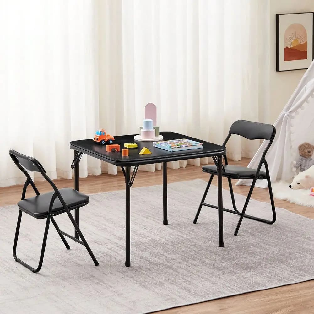 Set Tavolo da Gioco Pieghevole per Bambini con 2-4 Sedie Imbottite Morbide, Tavolo da Scacchi e Carte con Struttura in Metallo e Piano in Plastica per Interni ed Esterni, Colore Bianco Chiaro