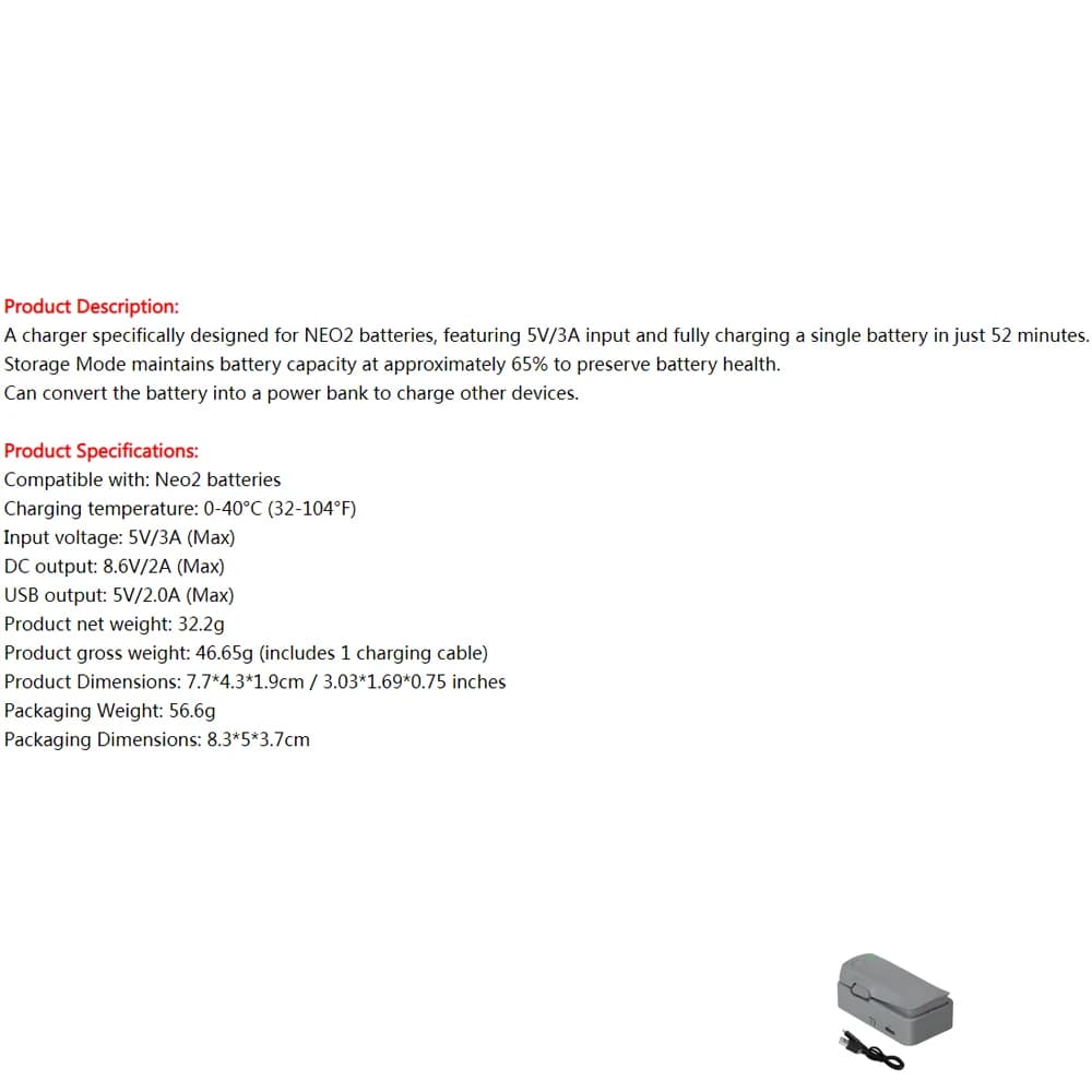Caricabatterie Sostitutivo per DJI NEO2, Caricatore USB Rapido, Hub di Ricarica Batterie, Dispositivo di Manutenzione, Accessori per Droni