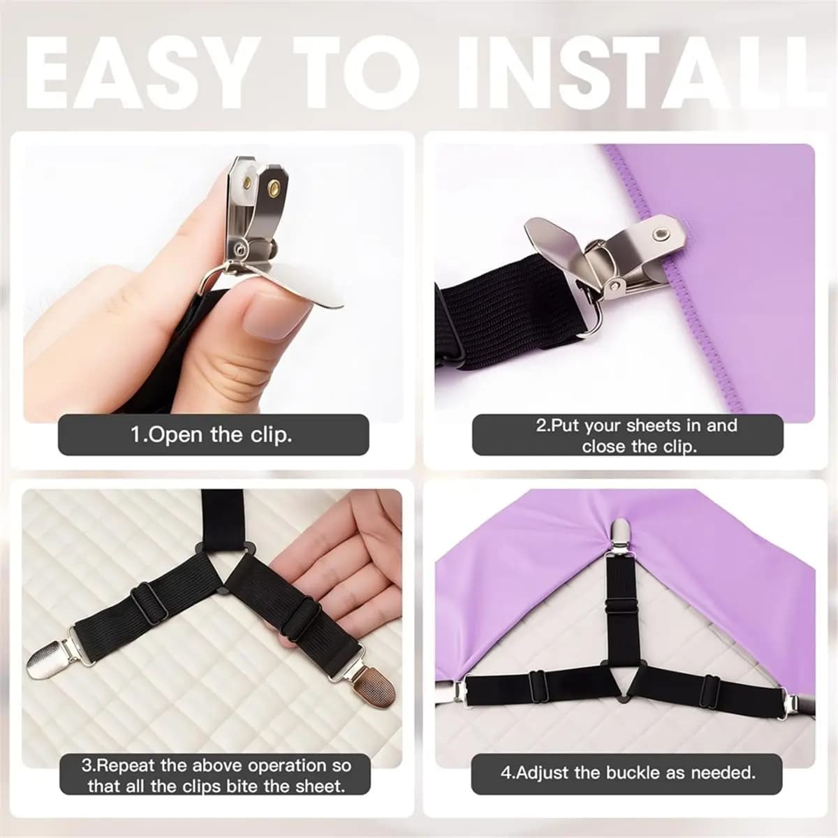 12 Cinghie per Lenzuola, Supporti Regolabili e Sicuri per Lenzuola con Angoli per Letti Matrimoniali, Queen e Altri, in Nylon Resistente e Clip in Metallo