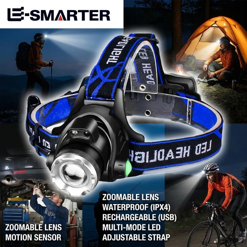 Lampada Frontale LED Potente Impermeabile per Esterni, Torcia da Testa Telescopica Zoomabile Ricaricabile per Pesca e Campeggio, Faro Portatile