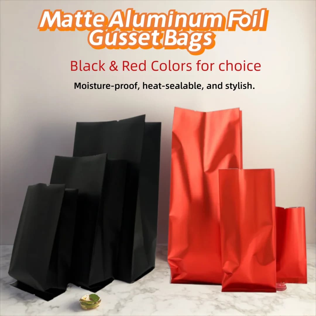 Matte Red & Black Aluminum Foil Side Gusset Bags – Heat Sealable Plastic Packaging for Coffee, Tea, Grains, Gift. Moisture-Proof