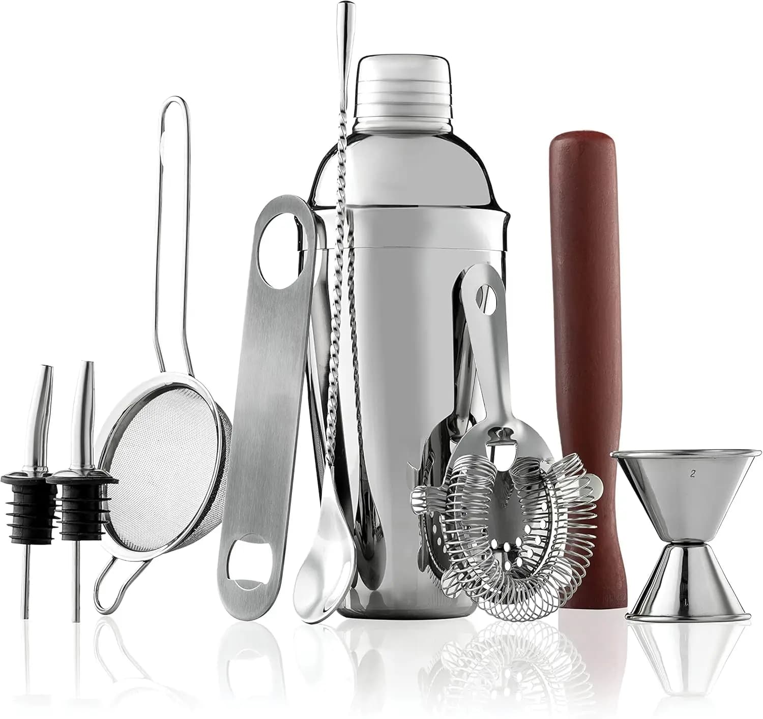 10-Piece Cocktail Shaker Set with Travel Bag - Stainless Steel Shaker Set Bartender Kit - Mixology Bartender Kit - Strainer, Muddler, Jigger, Bar Spoon, Bottle Opener, Pour Spouts - Bar Set