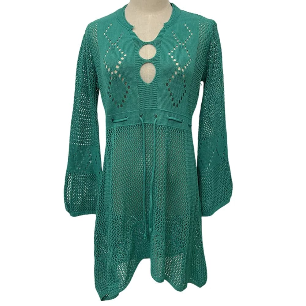 Camicia Estiva da Spiaggia con Scollo a V, Protezione Solare, Lavorazione a Maglia Traforata, Copricostume Ampio per Vacanze, Abito per Donna