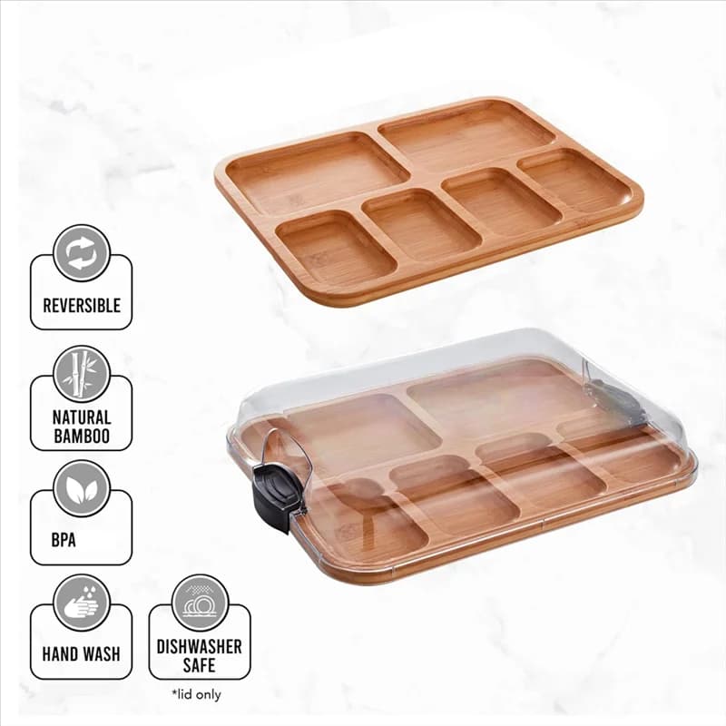 AT44-Bamboo Cutting Board With Lid, Black Handles, 11X14 Inch - Perfect For Charcuterie, Snacks, And More