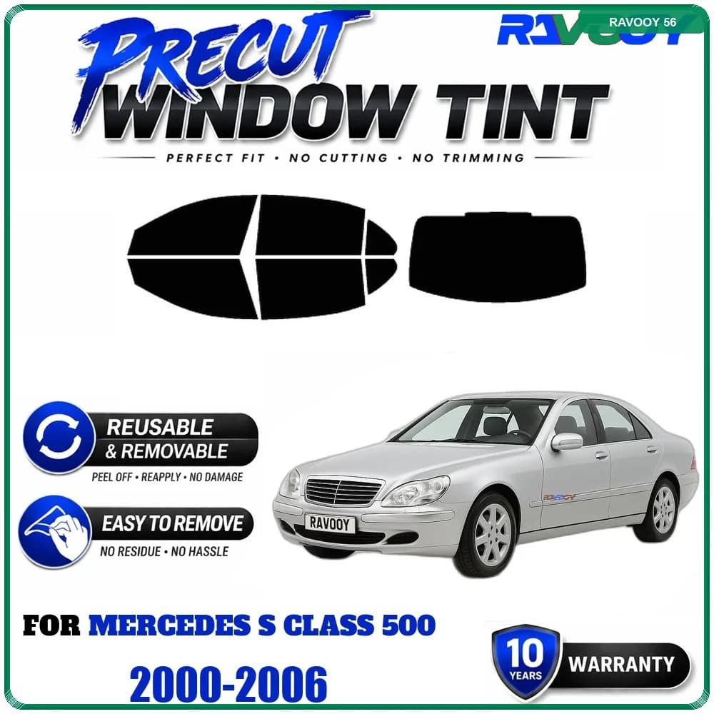 RAVOOY Precut Window Tint, Reusable Removable EPU Film, Custom Fit for Mercedes S Class 500 2000-2006, UV Heat Protection