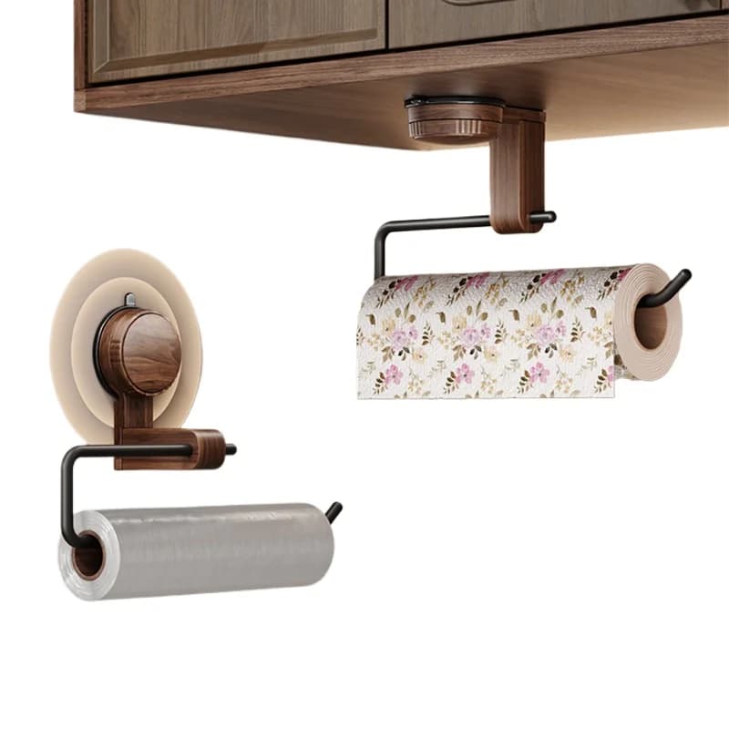 Non-perforable wall hanger for kitchen handkerchiefs in walnut, paper roll holder for plastic bags