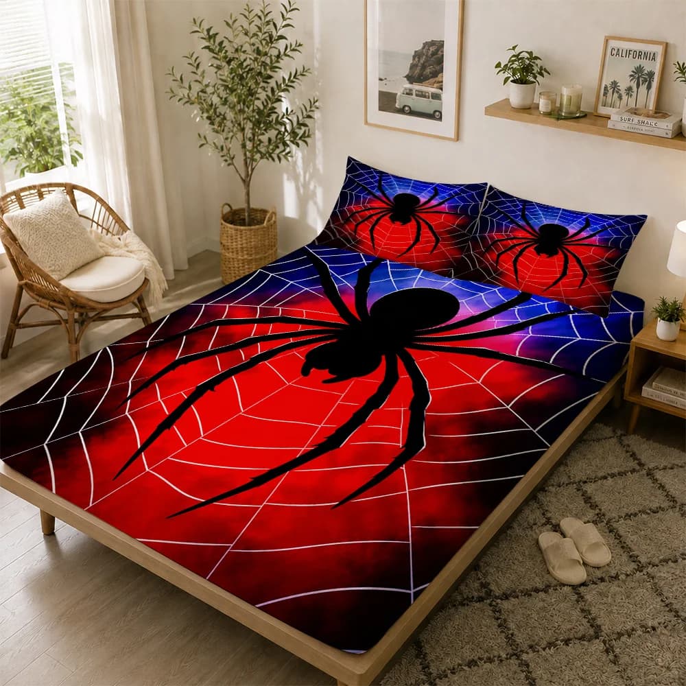 Digital Print Bed Sheet Set, Black Spider Red and Blue Spider Web Pattern Bed Sheet Set, Large Capacity Deep Pocket 2D Print Bed Sheet and 2 Pillowcases, Bedding Mattress Protector, Elastic Bed Sheet Style, Protective Cover, Mattress Protector, Suitable for All Seasons, Machine Washable Design, Holiday Decoration, Various Sizes, Breathable Protective Cover with Pillowcases