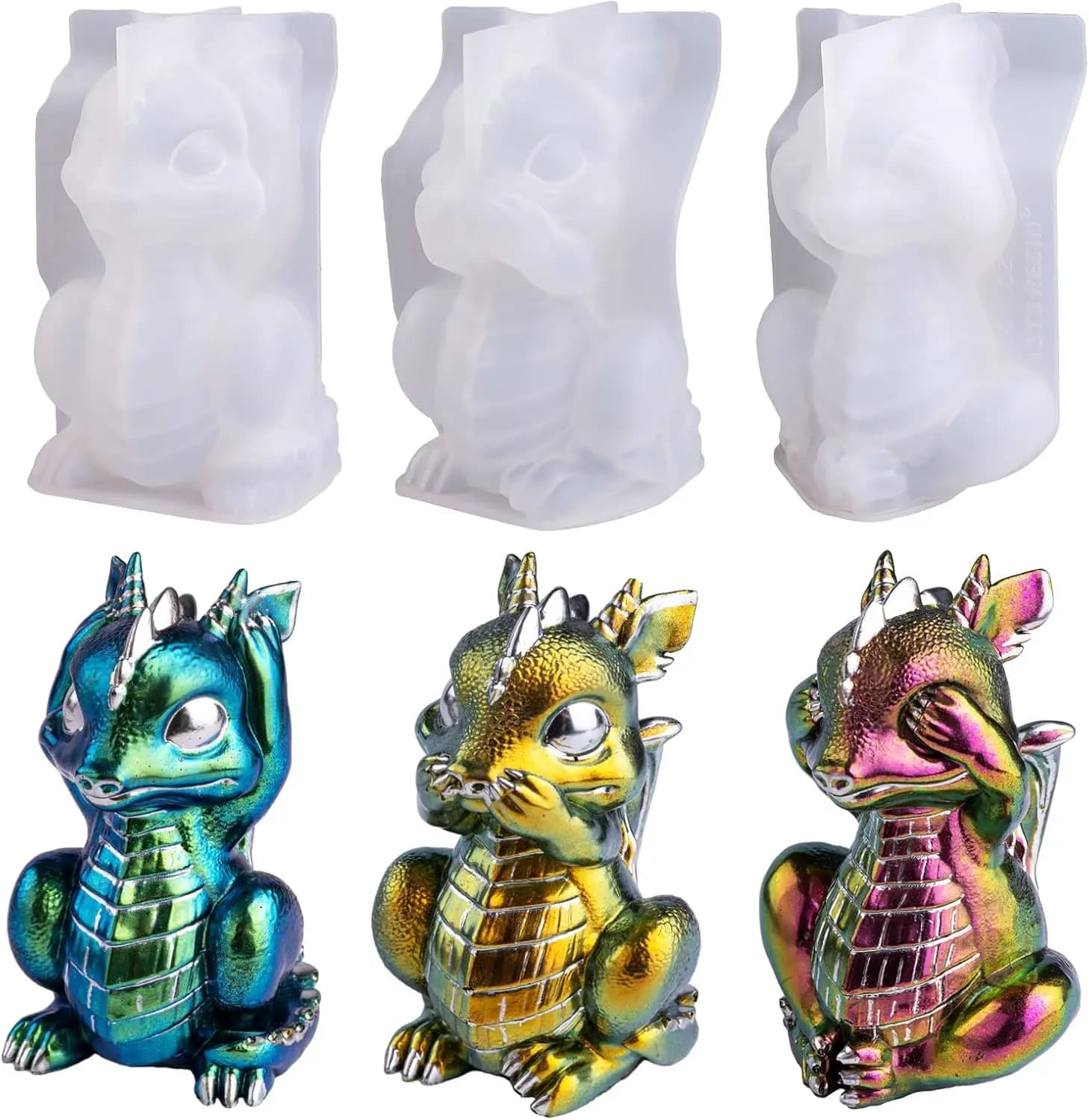 Set di 3 Stampi in Resina a Forma di Drago, 'Ascolta, Parla, Non Vede il Male', Stampo in Silicone 3D per Resina Epossidica, Regalo per Artigianato Artistico