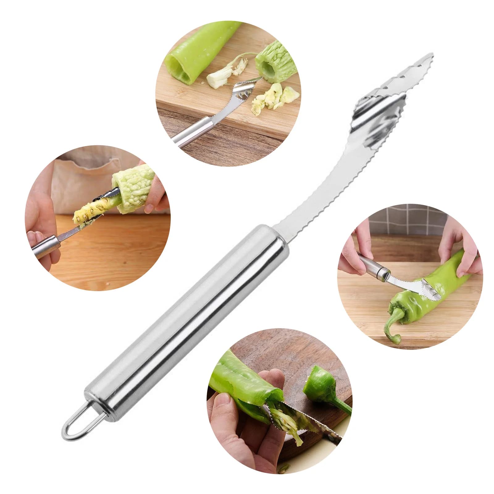 Stainless Steel Chili & Bitter Gourd Corer, Seed Remover Core Digging Knife, Green Pepper Cutter Deseed Tool for Kitchen