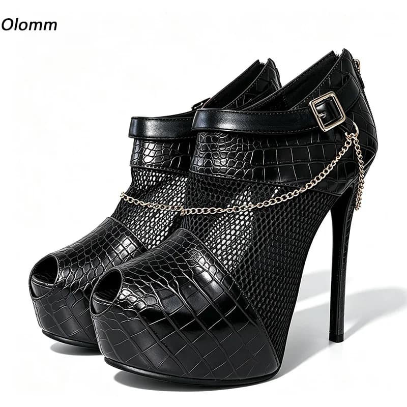 Olomm Women Black Crocodile Print Mesh Ankle Booties Peep Toe Platform Stiletto Heels Chain Ankle Buckle Back Zip Ladies Shoes