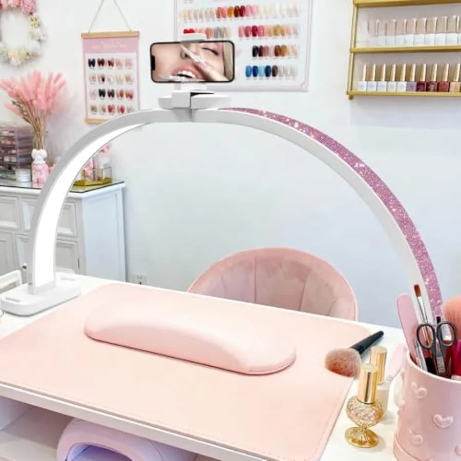 Lampada a Mezzaluna per Tavolo da Manicure 31" Pieghevole con LED e Supporto per Telefono, Luce Professionale per Tecnici delle Unghie per Manicure e