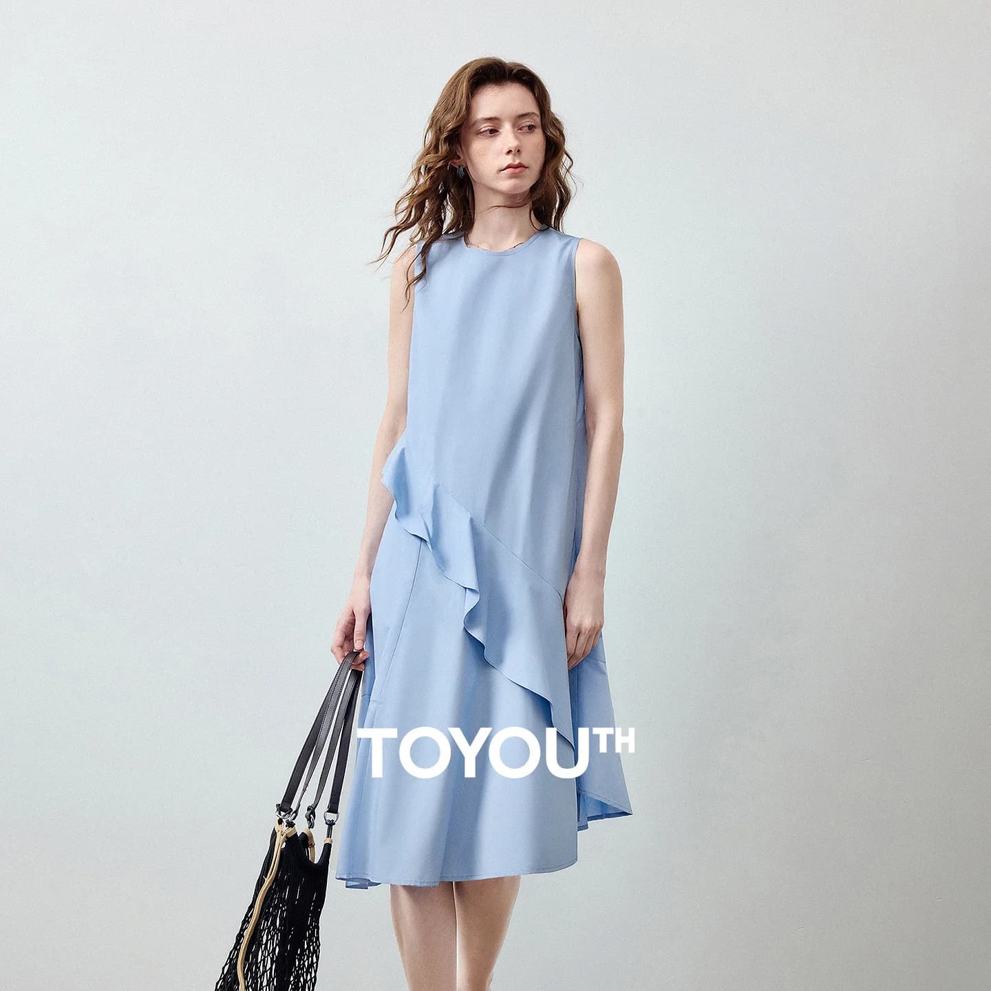 TOYOUTH Abito da Donna in Puro Cotone 2026 Nuovo Estivo con Volant Irregolare Blu Nebbia Girocollo Fresco Vestito a Trapezio