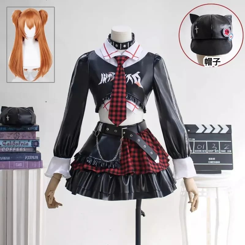 Completo Set Cosplay Asuka: Top Corto in Pelle Nera e Minigonna a Quadri Rossa - Outfit Premium per Feste a Tema