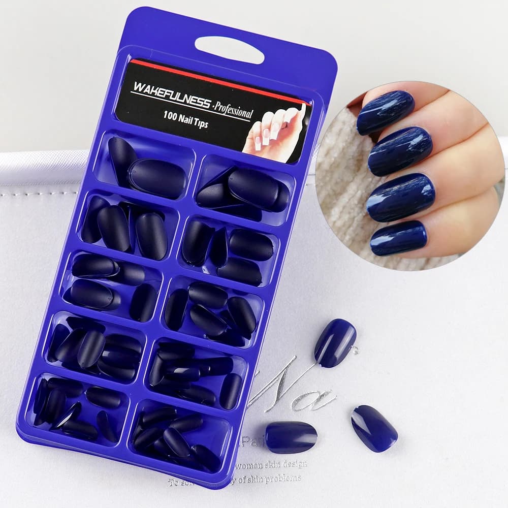 100 pezzi unghie finte ovali blu scuro stampa acrilica corta sulle unghie copertura completa punte per unghie finte manicure strumenti per unghie artificiali