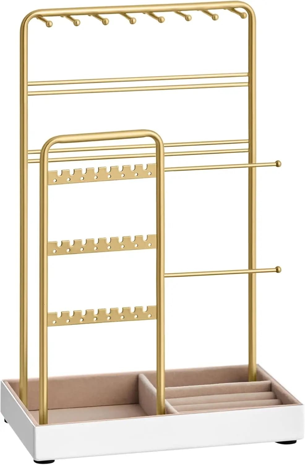 SONGMICS Necklace Holder, Jewelry Stand Holder Organizer, Jewelry Display with Metal Frame, Velvet Tray, Earring Bracelet Holder, for Gift Idea, 4.5 x 7.7 x 12.1 inch, Pale Gold UJJS021A01