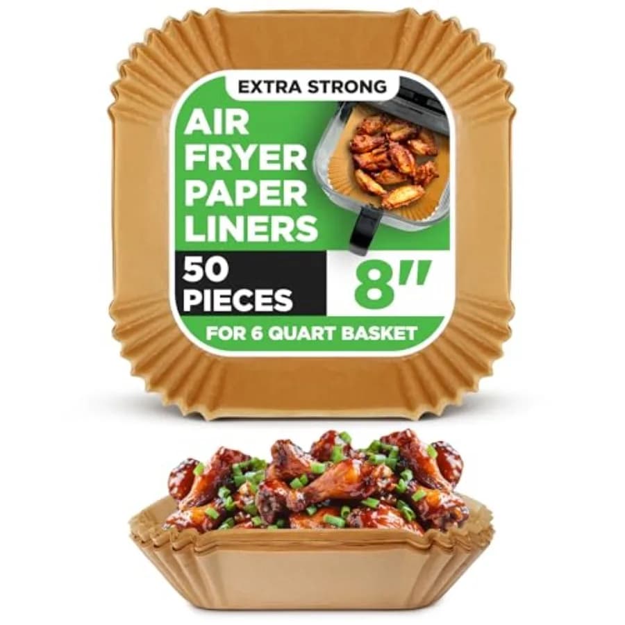 50-pcs Air Fryer Paper Liners - Square Disposable Parchment Liner Non-Stick, Oilproof and Waterproof Fits 5.8 QT Glass Pot Airf
