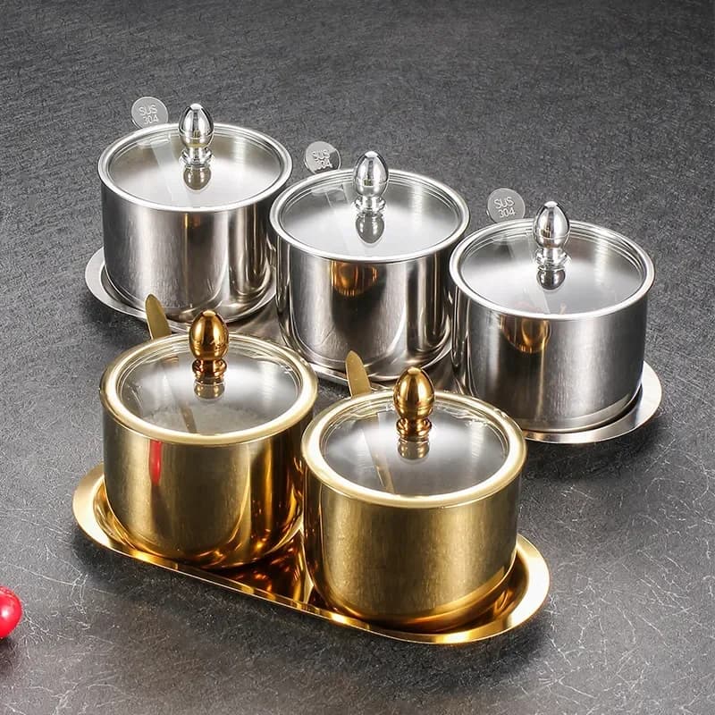 Set di contenitori per spezie in acciaio inossidabile 304 con coperchio in vetro trasparente Set di contenitori da cucina per l'organizzazione di barattoli di sale