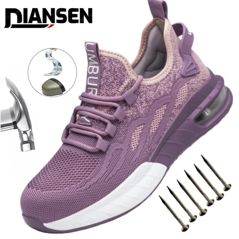Comfortable and safe shoes, women's sports shoes with steel tip, light, breathable, anti-slip, fashionable purple work boots