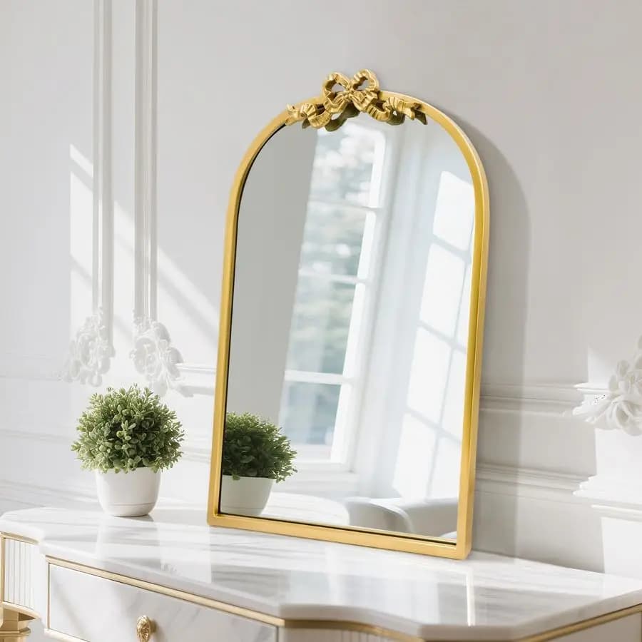 Specchio dorato ad arco 27x19 Specchi da parete antichi per bagno con struttura in metallo, decorazione con fiocco ornato barocco per soggiorno, Firepl