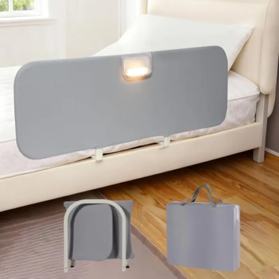 Sponde per Letto da Viaggio per Bambini con Luce a Sensore di Movimento, Sponda Pieghevole Extra Lunga 48 Pollici, Base a U Profonda per Sicurezza